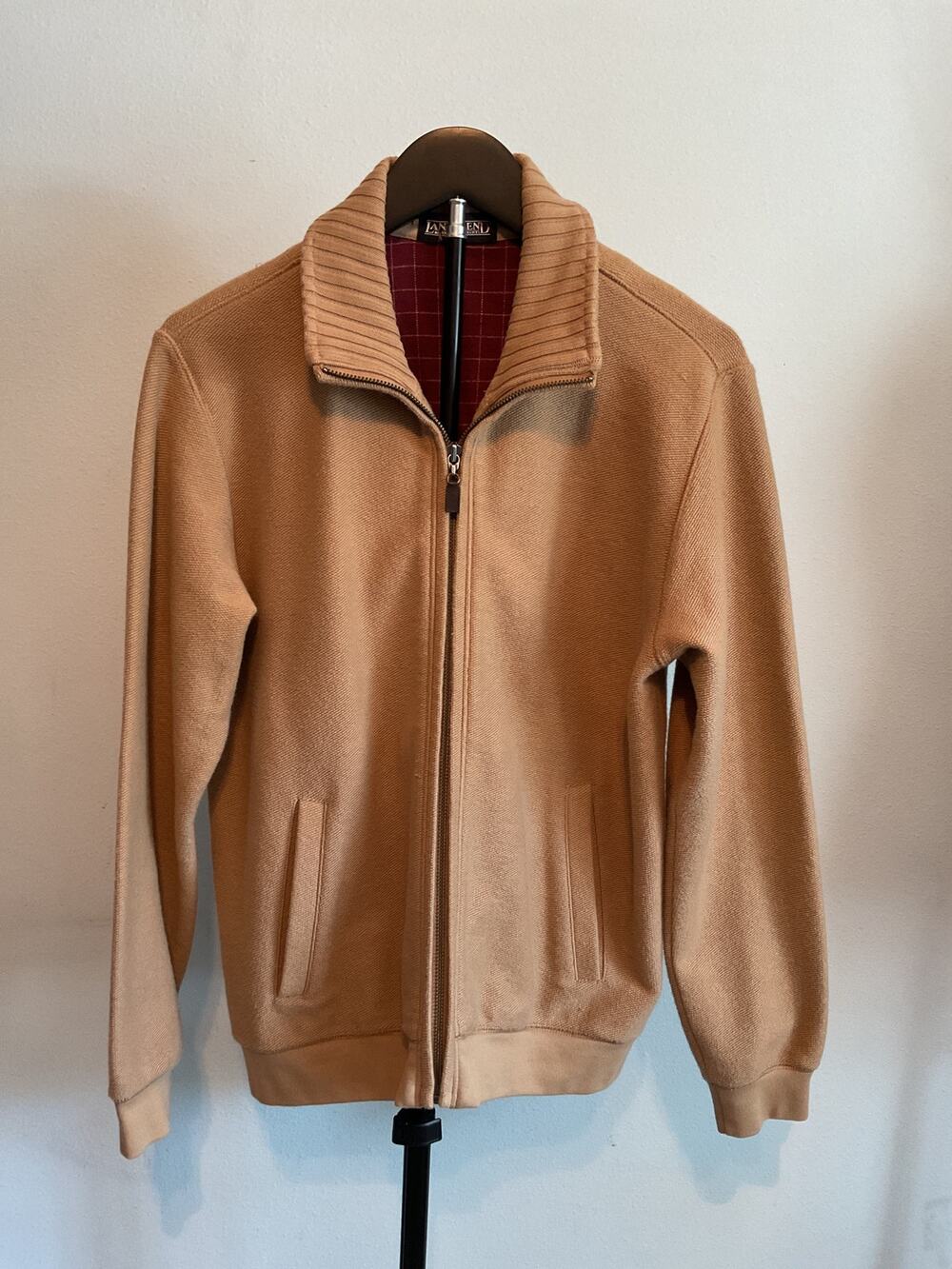 Lands End Mens Sweater Fleece Full Zip Jacket Tan Camel Mock Neck Plaid